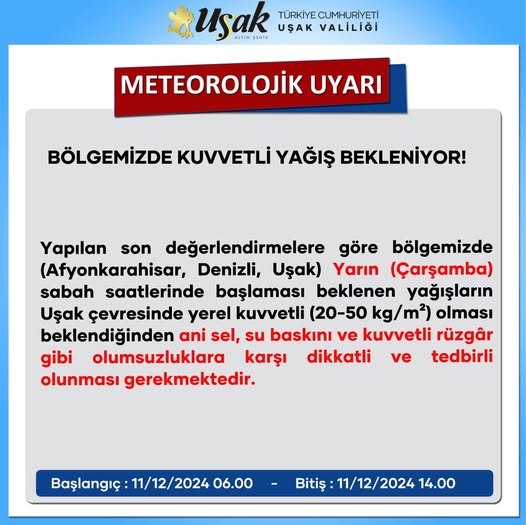 Valilik Yağış Uyarı