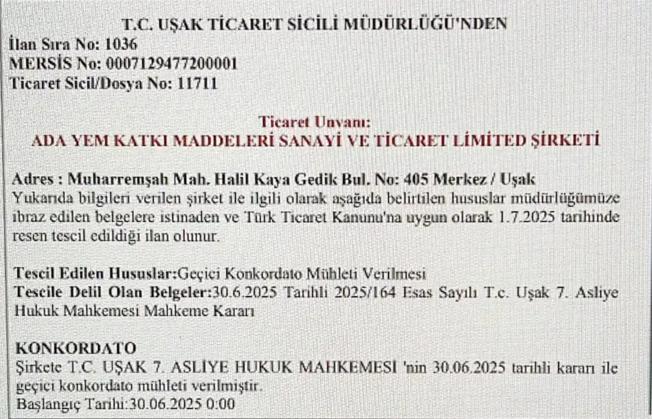 Ada Yem Konkordato Ilan