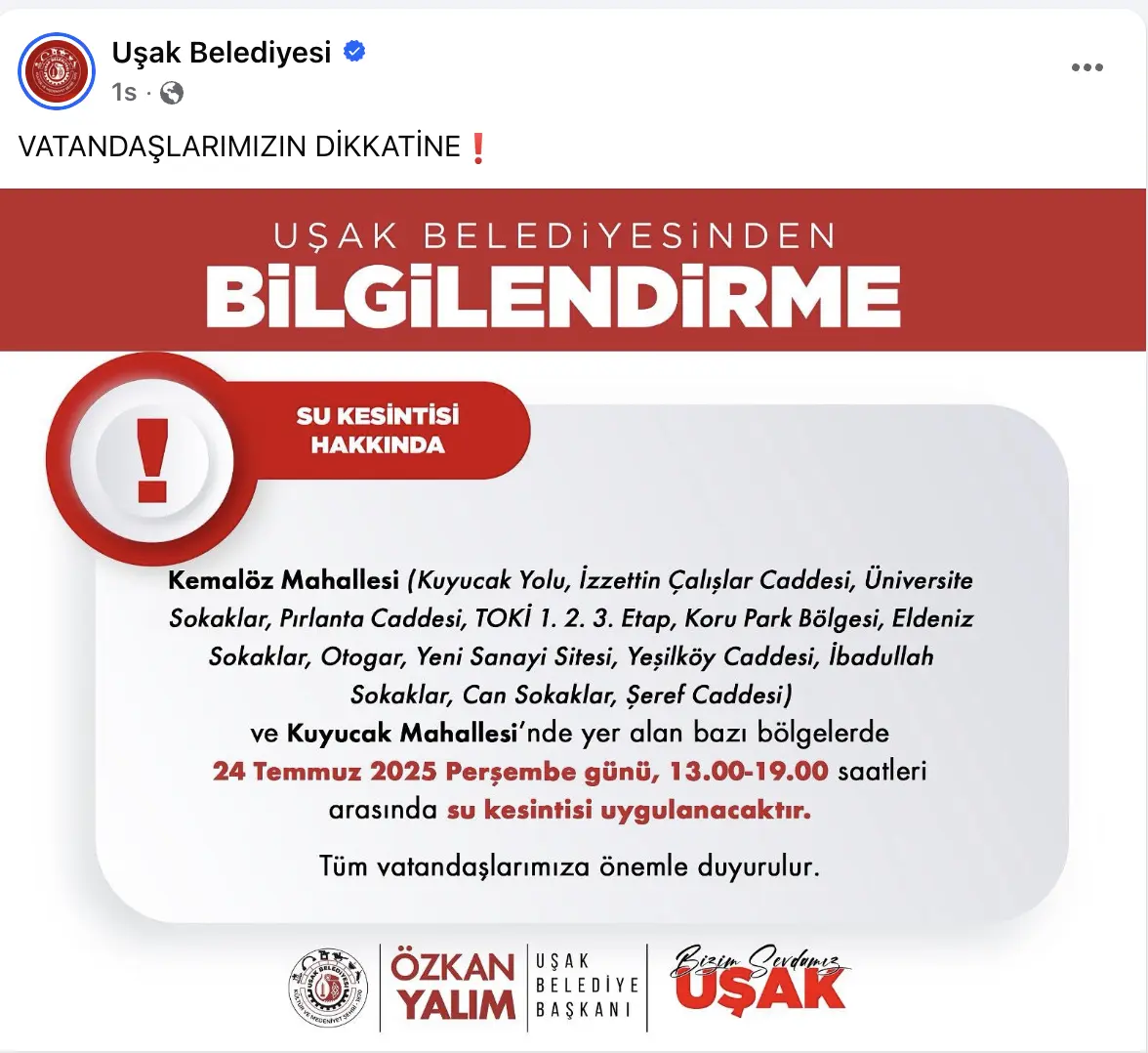 Uşak Belediyesi, Kemalöz Ve Kuyucak Mahallelerinde Yer Alan Bazı Bölgelerde Planlı Su Kesintisi Yapılacağını Duyurdu.