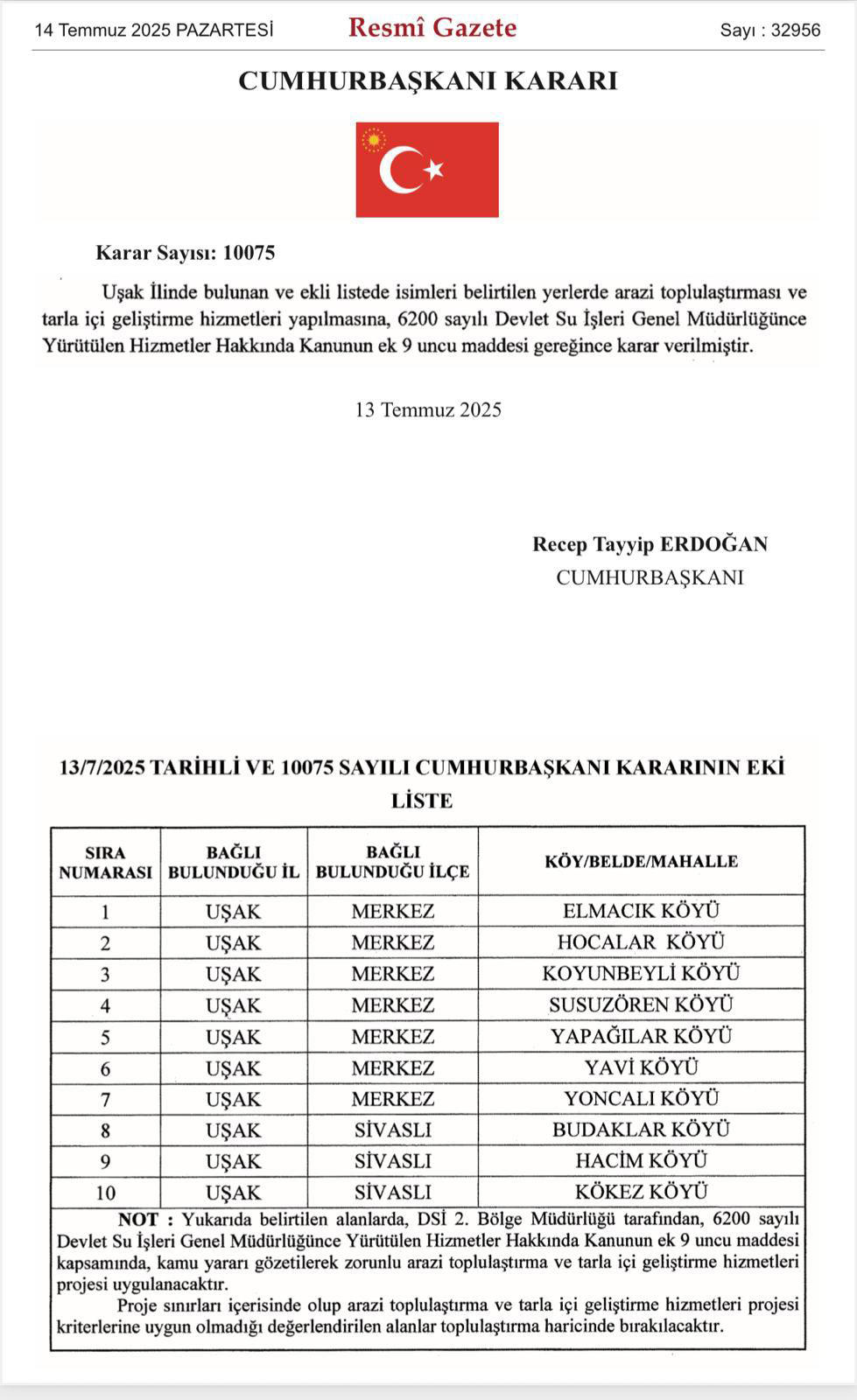 Uşak Resmi Gazete Cumhurbaşkanı