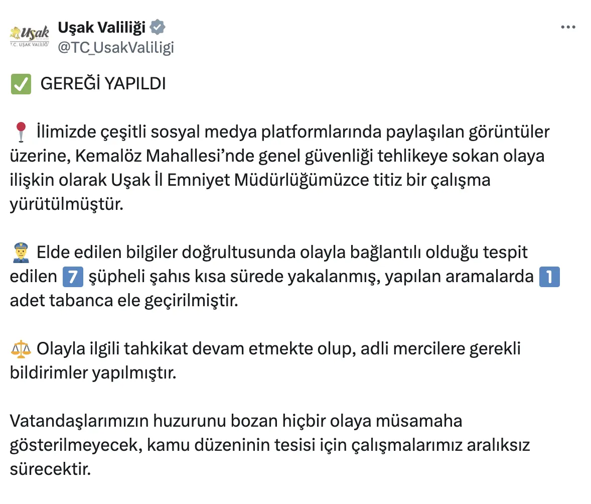 Kemalöz Silahlı Çatışma Uşak Valiliği Açıklama