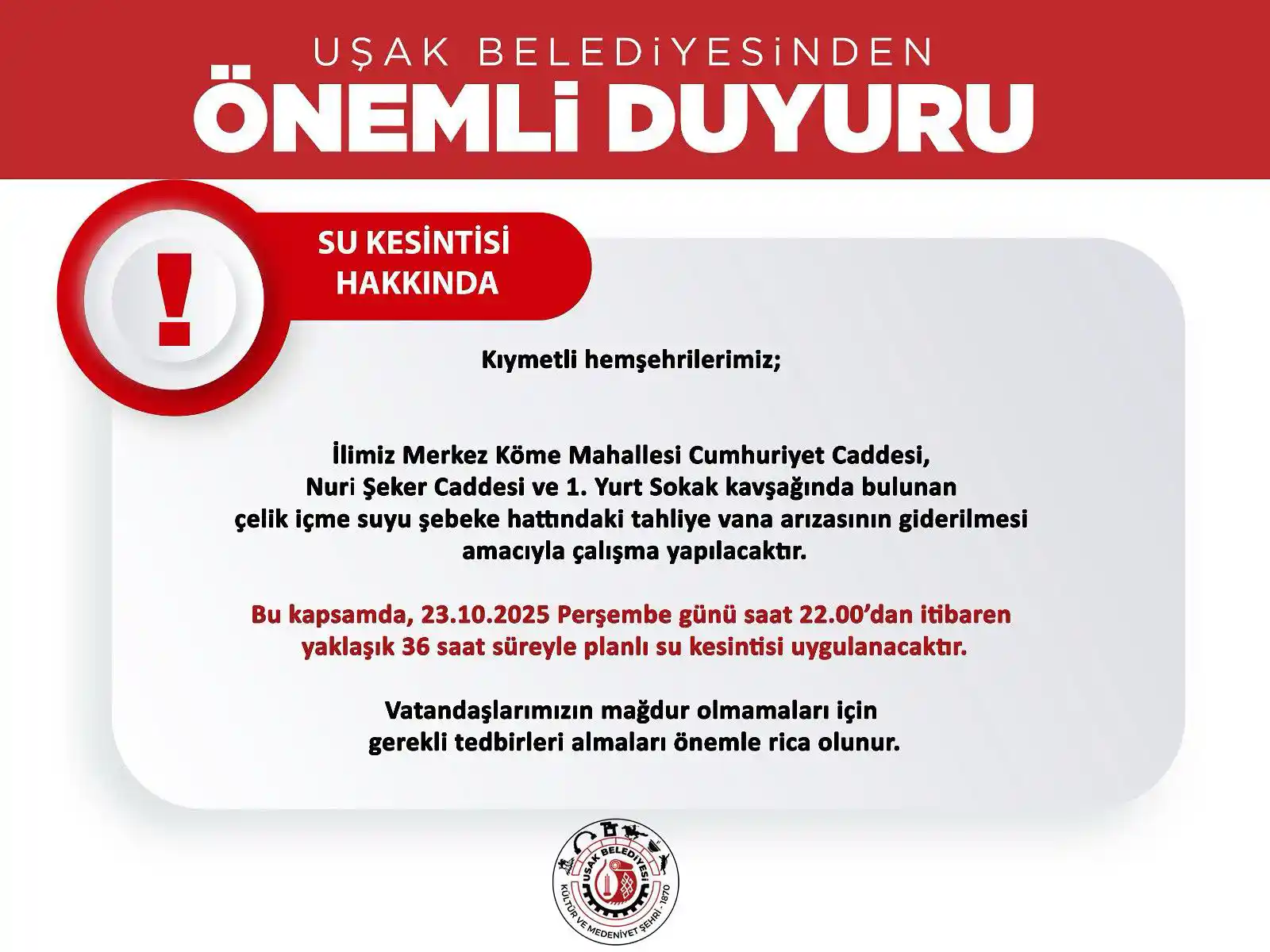 Su Kesinti Uşak