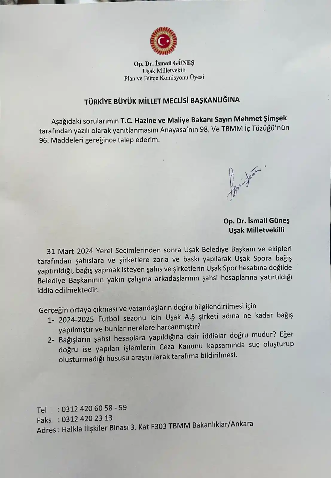 Ismail Güneş Uşakspor Bağış