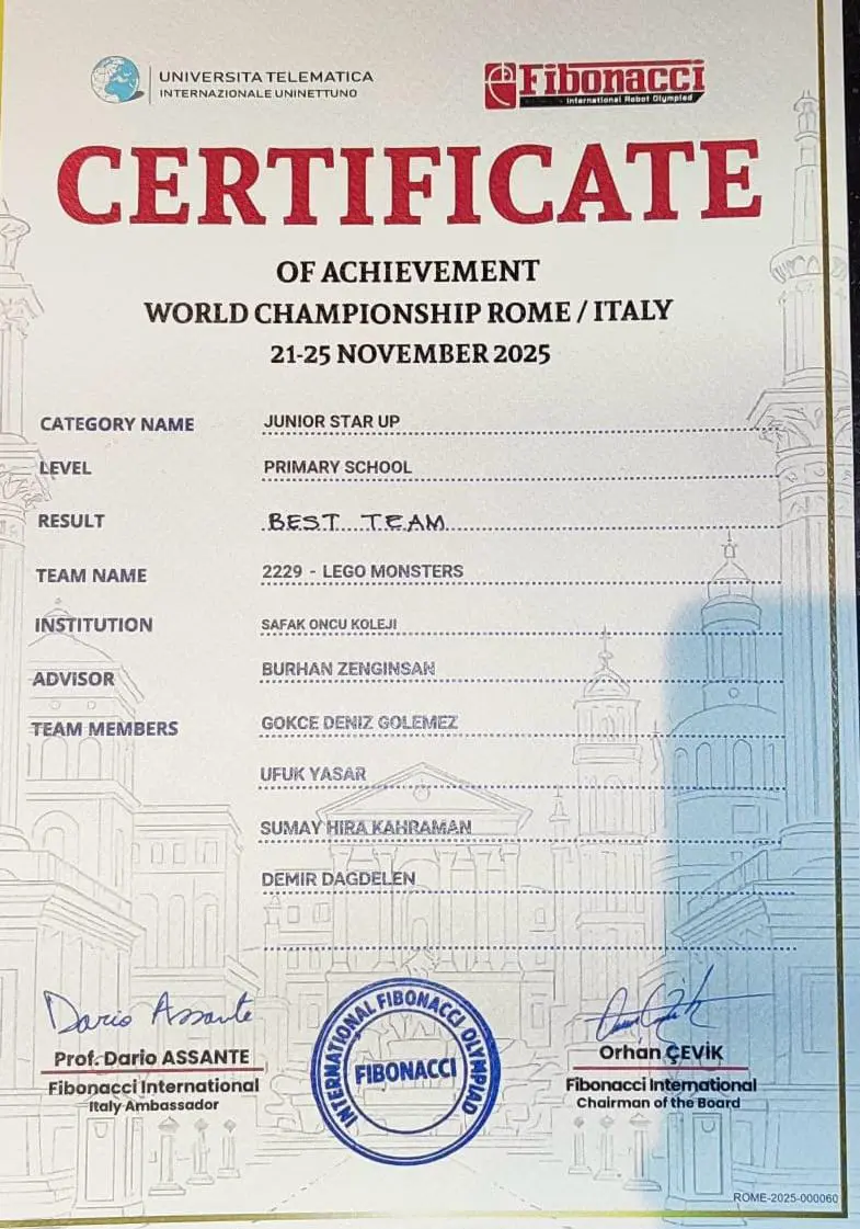 İtalya Roma’da Düzenlenen Ve 18 Ülkeden 623 Takımın Yarıştığı Fibonacci Dünya Robot Şampiyonasında Şafak Öncü Koleji, Junior Start Up Kategorisinde Büyük Başarı Elde Etti. 1